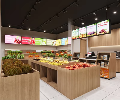Fresh Fruit Store Interior With Various Fruits And Digital Screens 3d model