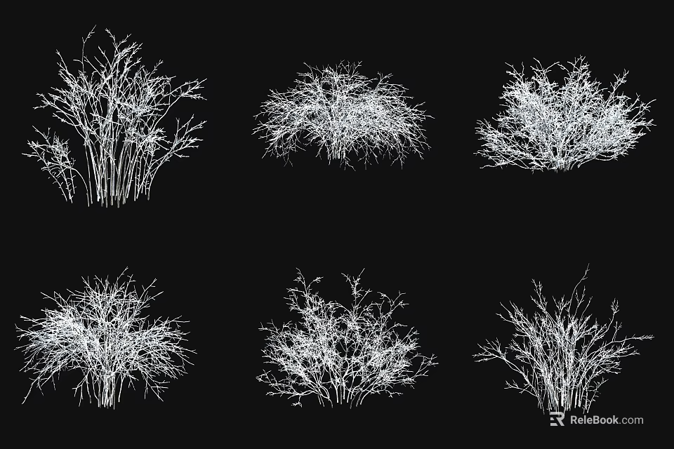 Different Types of White Plant Silhouettes on Black Background with Various Bush Shapes 3d model 