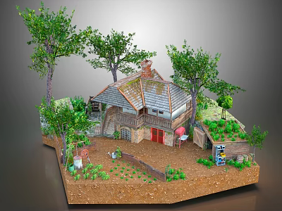 Small Cottage With Red Door Surrounded By Trees And Garden Path Plants 3d model