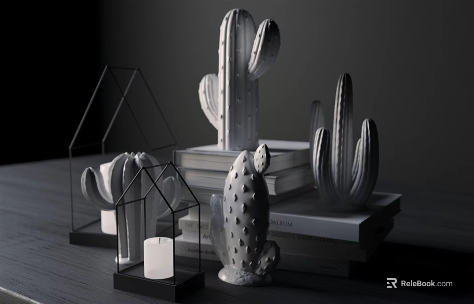Decorative Ornament Set with Ceramic Cactus Figures Glass House Decor and Stacked Books 3d model 