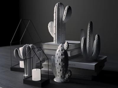 Decorative Ornament Set with Ceramic Cactus Figures Glass House Decor and Stacked Books 3d model