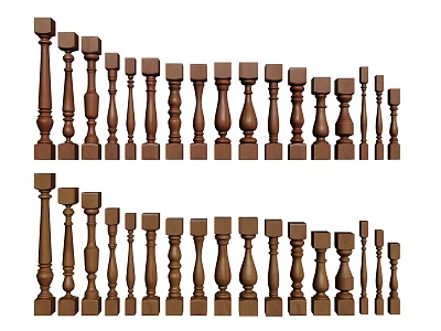 Brown Wooden Balusters With Various Styles And Different Sizes For Railings 3d model