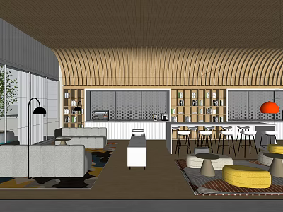 Cozy Leisure Area Featuring Wooden Ceiling Bookshelves Sofa Bar Stools and Yellow Cushions 3d model