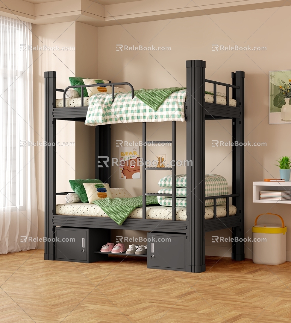 Upper and lower bunk bed iron bed high and low bed student dormitory bed staff dormitory iron bed 3d model