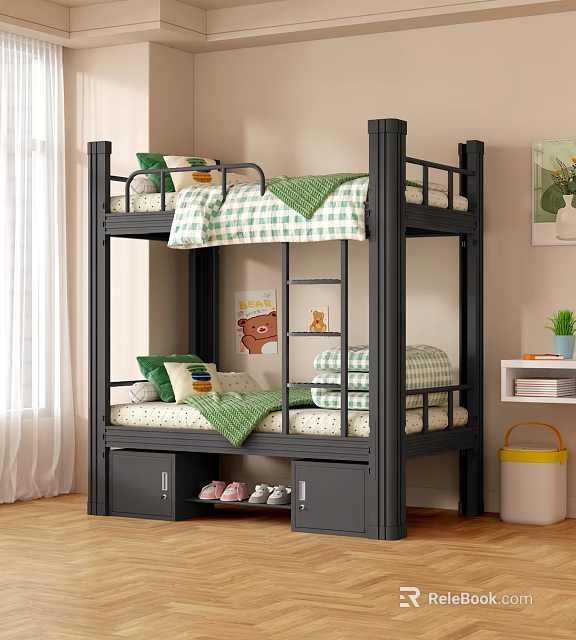 Dark Gray Bunk Bed with Storage Drawers Green White Plaid Bedding in Cozy Kids Bedroom 3d model 