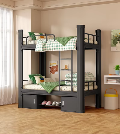 Dark Gray Bunk Bed with Storage Drawers Green White Plaid Bedding in Cozy Kids Bedroom 3d model