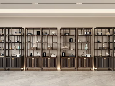 Traditional Chinese Dark Wooden Display Shelves Featuring Multiple Compartments And Decorative Items 3d model