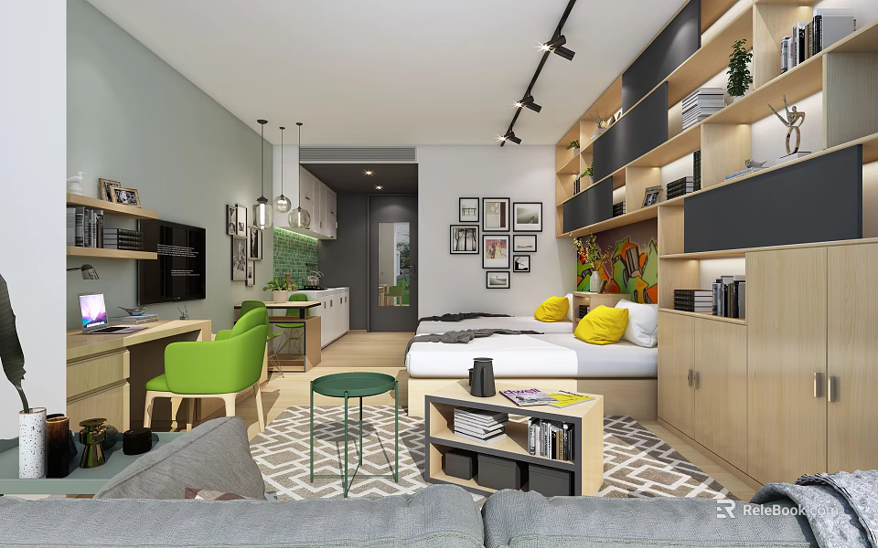 Modern Apartment Interior Design With Sofa Desk Bookshelves And Decorative Plants 3d model 