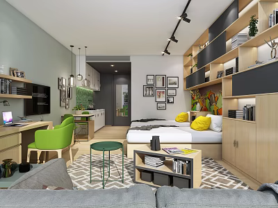Modern Apartment Interior Design With Sofa Desk Bookshelves And Decorative Plants 3d model