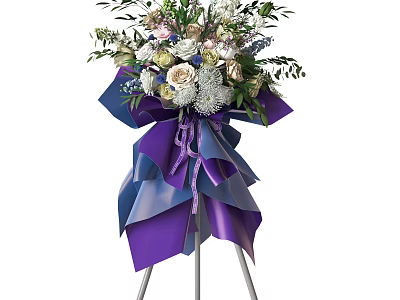 Elegant Floral Vase Arrangement With Purple Blue Ribbons And Green Foliage On Stand 3d model