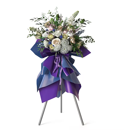 Elegant Floral Vase Arrangement With Purple Blue Ribbons And Green Foliage On Stand 3d model