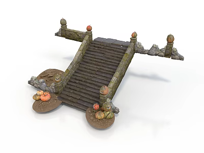 Decorative Stone Bridge with Wooden Steps Ornate Pillars and Pumpkin Green Plant Elements 3d model
