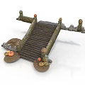 Decorative Stone Bridge with Wooden Steps Ornate Pillars and Pumpkin Green Plant Elements