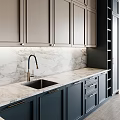 Modern Kitchen Interior With Light Brown Dark Blue Cabinets Marble Backsplash And Island Counter