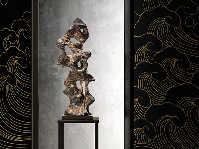 Decorative Ornament Set with Natural Stone Sculpture Black Base Gold Wave Pattern on Gray Wall 3d model