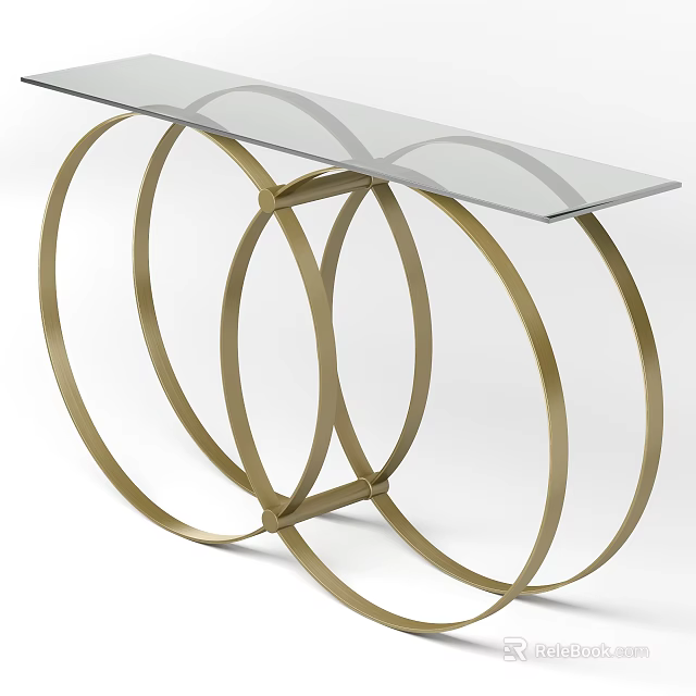 Modern Elegant Console Table With Golden Metal Frame Glass Top And Circular Rings 3d model 