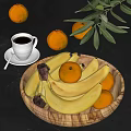 Fresh Bananas and Oranges in Wooden Bowl with Coffee Cup and Green Leaves