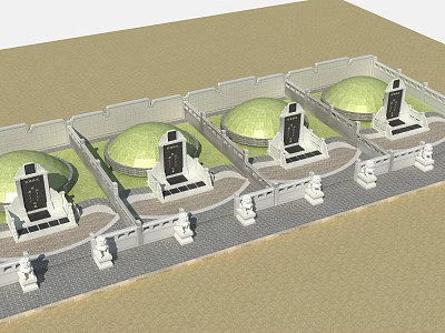 Traditional Memorial Complex With Green Domes Black Monuments White Walls And Stone Pillars 3d model