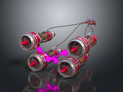 Four Red And Silver Turbine Engines Connected With Pink Markers On Gray Background With Reflections 3d model