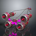 Four Red And Silver Turbine Engines Connected With Pink Markers On Gray Background With Reflections