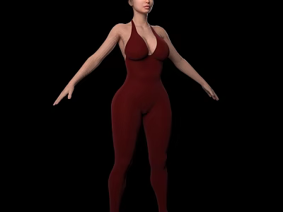 Woman in Crimson Red Jumpsuit with Arms Outstretched Against Black Background 3d model