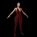 Woman in Crimson Red Jumpsuit with Arms Outstretched Against Black Background