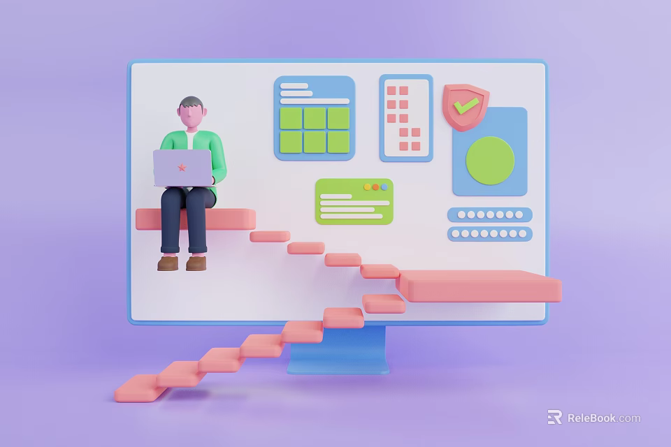 Game Movie Character Sitting On Laptop Screen Steps With Notebook And Interface Icons 3d model 