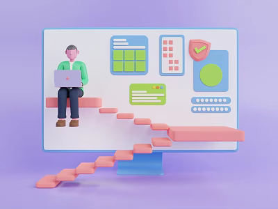 Game Movie Character Sitting On Laptop Screen Steps With Notebook And Interface Icons 3d model