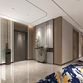 Modern Hotel Corridor With Wooden Doors Room Number Signs And Wave Pattern Carpet