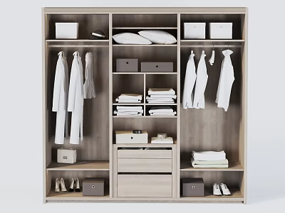Modern Open Wardrobe With Organized Compartments Hanging Folded Clothes Drawers And Shoes 3d model