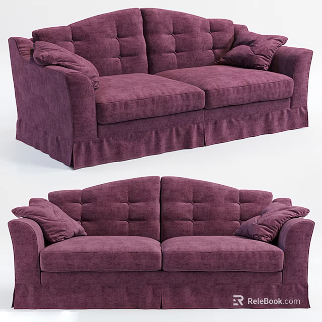 Purple Two Seater Fabric Sofa With Skirted Design And Comfortable Cushions 3d model 