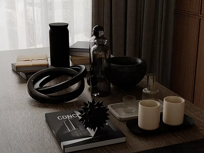 Stylish Inflatable Decorative Models On Tabletop With Books Candles And Metal Decor 3d model