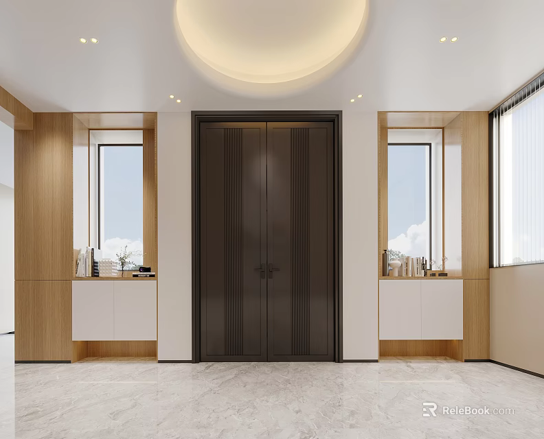 Modern Entryway Hallway With Dark Double Doors Wooden Cabinets And Round Ceiling Light 3d model 