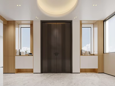 Modern Entryway Hallway With Dark Double Doors Wooden Cabinets And Round Ceiling Light 3d model