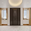 Modern Entryway Hallway With Dark Double Doors Wooden Cabinets And Round Ceiling Light