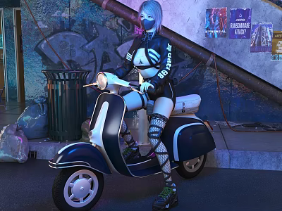 Woman Riding Classic Scooter on Urban Street With Graffiti and Posters 3d model