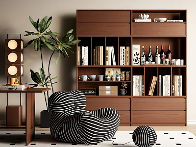 Stylish Brown Bookcase With Bookshelves Decorations Wine Bottles Cups Nearby Plant And Striped Chair 3d model