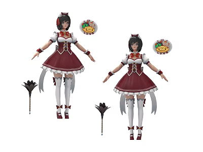 Game Movie Character Wearing Red White Dress with Long Socks Black Fan and Skill Icons 3d model