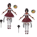 Game Movie Character Wearing Red White Dress with Long Socks Black Fan and Skill Icons