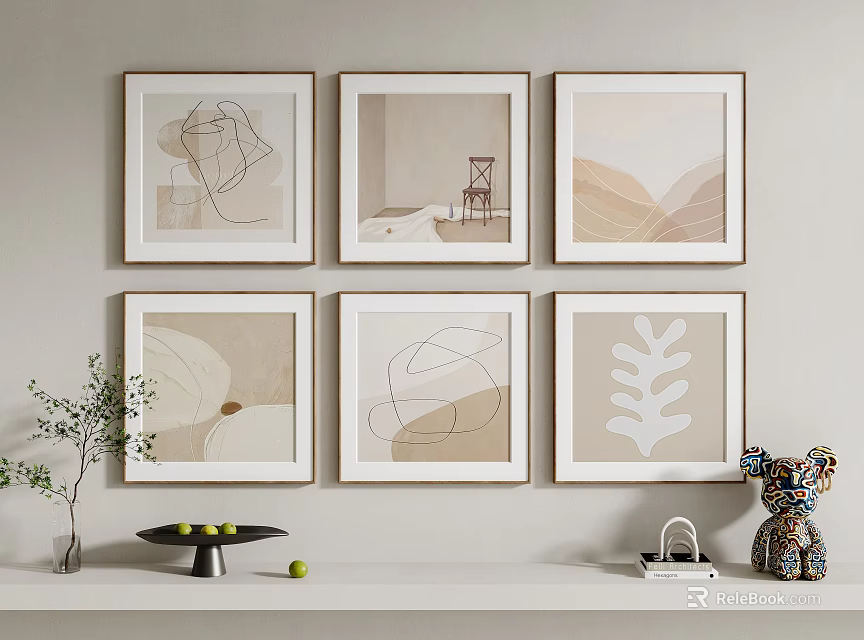 Abstract Paintings With Neutral Tones Geometric Lines And Leaf Patterns On Wall With Shelf Decor 3d model 