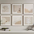 Abstract Paintings With Neutral Tones Geometric Lines And Leaf Patterns On Wall With Shelf Decor 3d model