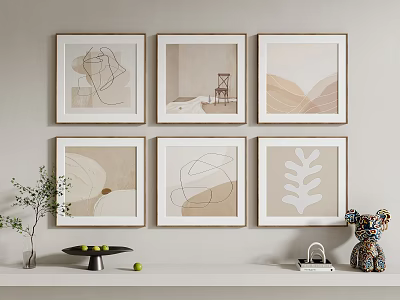 Abstract Paintings With Neutral Tones Geometric Lines And Leaf Patterns On Wall With Shelf Decor 3d model