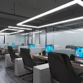 Modern Public Office Space With Workstations Computer Monitors Office Chairs Framed Artworks And Ceiling Lights