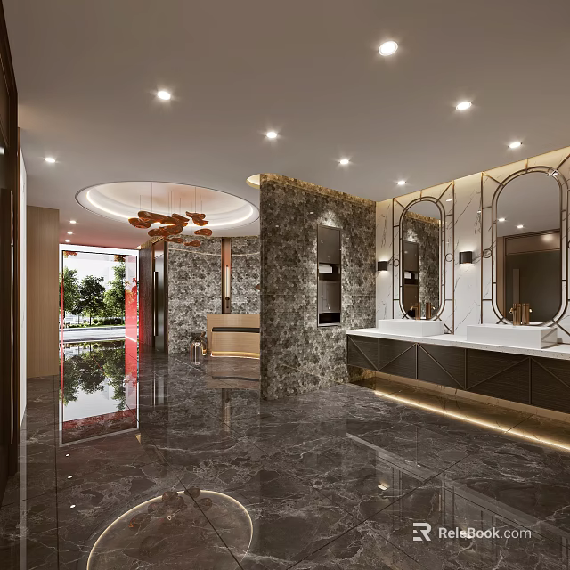 Public Restroom With Modern Design Marble Floor Circular Chandelier Mirror Walls And Washbasins 3d model 