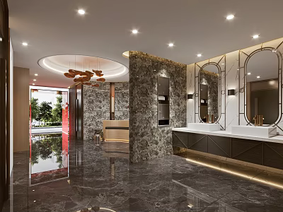 Public Restroom With Modern Design Marble Floor Circular Chandelier Mirror Walls And Washbasins 3d model