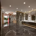 Public Restroom With Modern Design Marble Floor Circular Chandelier Mirror Walls And Washbasins