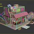 Japanese Style Snack Shop Building With Red Tiled Roof Pink Cherry Blossom Tree And Staircase