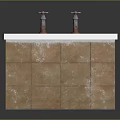 Modern Bathtub With White Interior And Brown Tile Exterior Featuring Dual Faucets