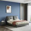 Modern Double Bed With Gray Leather Headboard Blue Wall And Nightstand Table Lamp 3d model