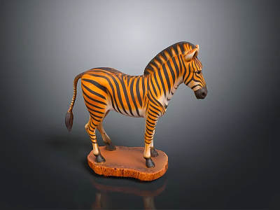 Detailed Zebra Sculpture Carving With Orange And Black Stripes On Wooden Base 3d model